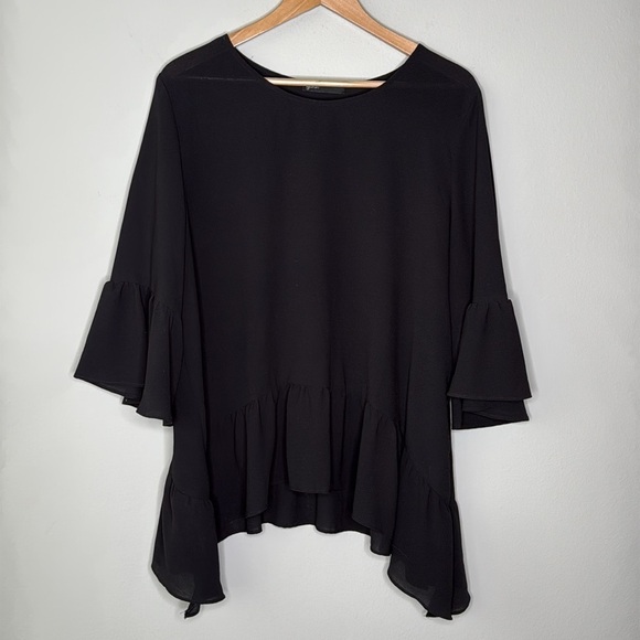 Gibson Nordstrom Ruffle Flounce Hem Short Sleeve Blouse in Black Size XL - Picture 1 of 10